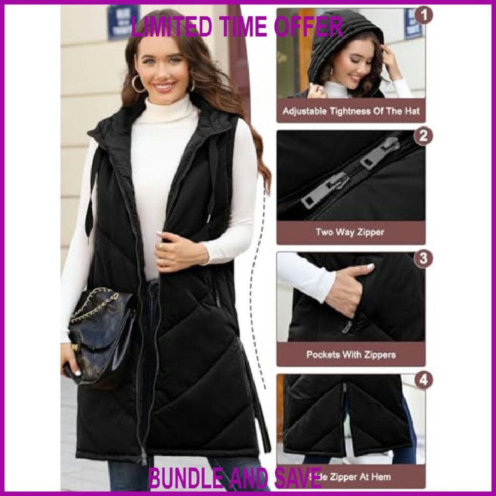 Women's Long Puffer Vest Hooded Sleeveless Quilted Winter Jacket with Pockets - Picture 4 of 8